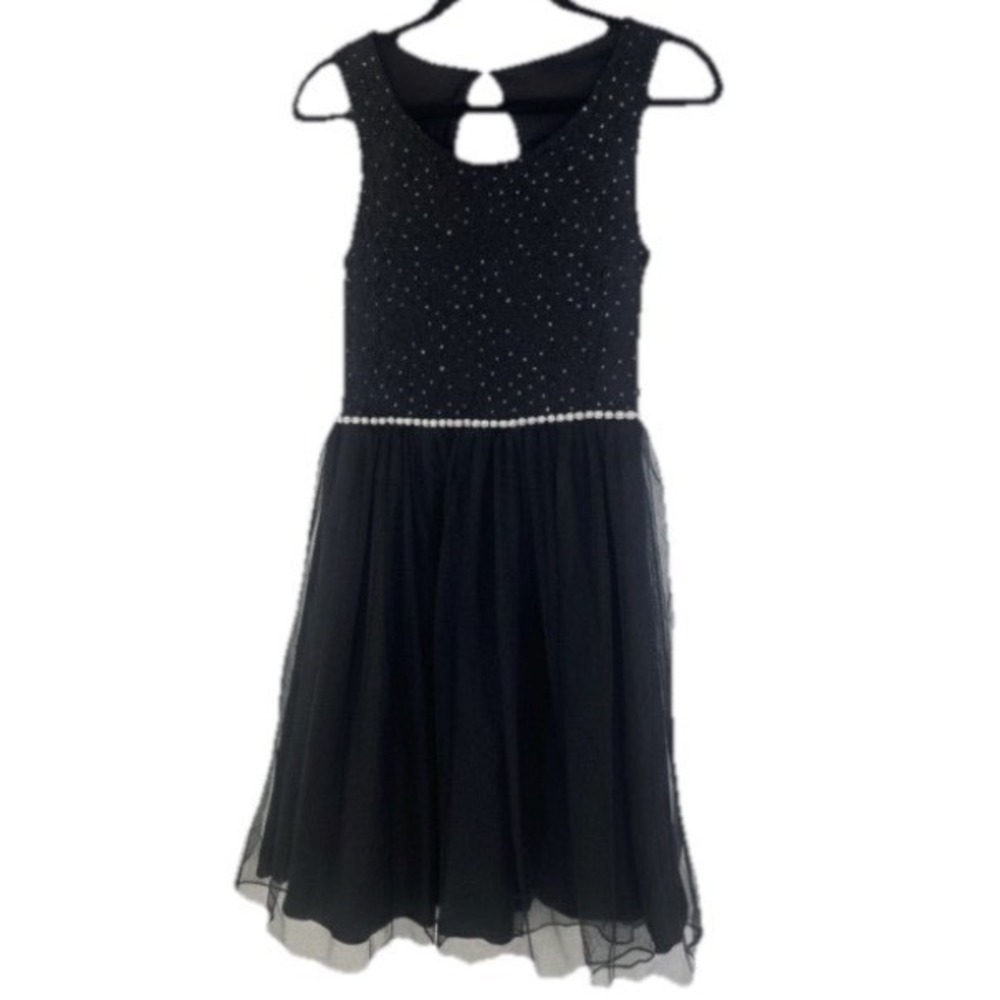 Lace Tulle Party Dress Girls Size 10 Black Rhinestone Waist Sleeveless Formal
